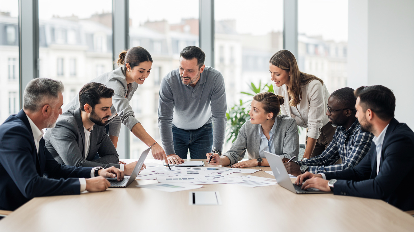 Team of professionals discussing management topics in a modern Brussels office